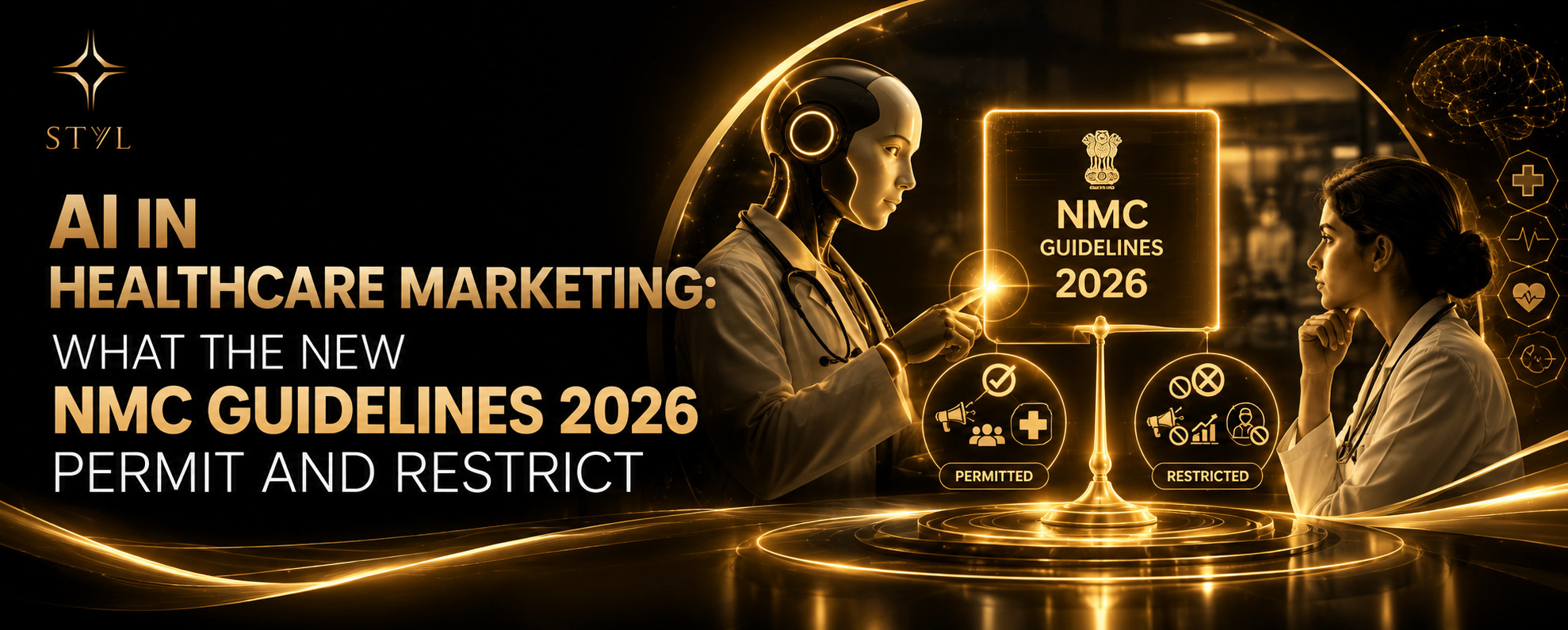 A cinematic black and gold STYL banner illustrating AI in healthcare marketing and the 2026 NMC guidelines, featuring an AI-powered medical professional, a human doctor, a glowing digital display, and visual symbols representing permitted and restricted h