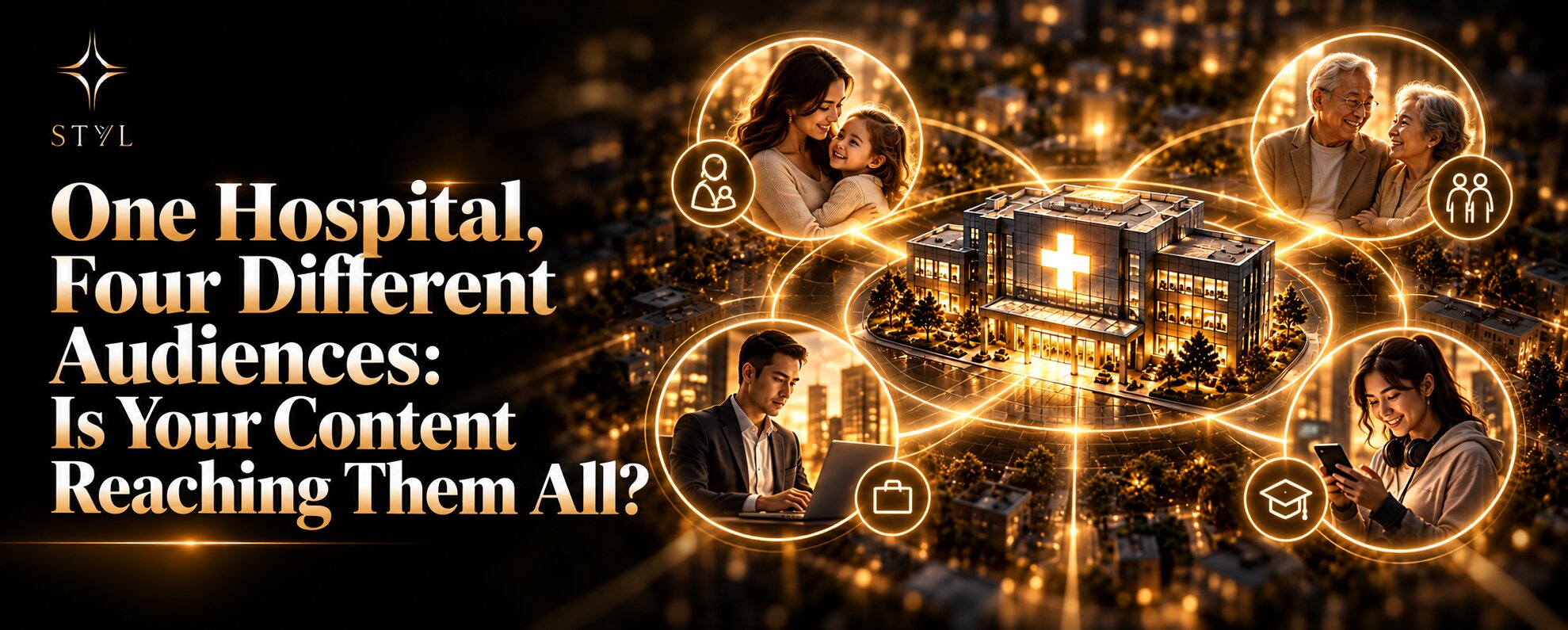 Premium black-and-gold STYL blog banner featuring a modern hospital connected to four distinct audiences—parents with children, senior citizens, working professionals, and young adults—through glowing digital networks, illustrating how targeted healthcare