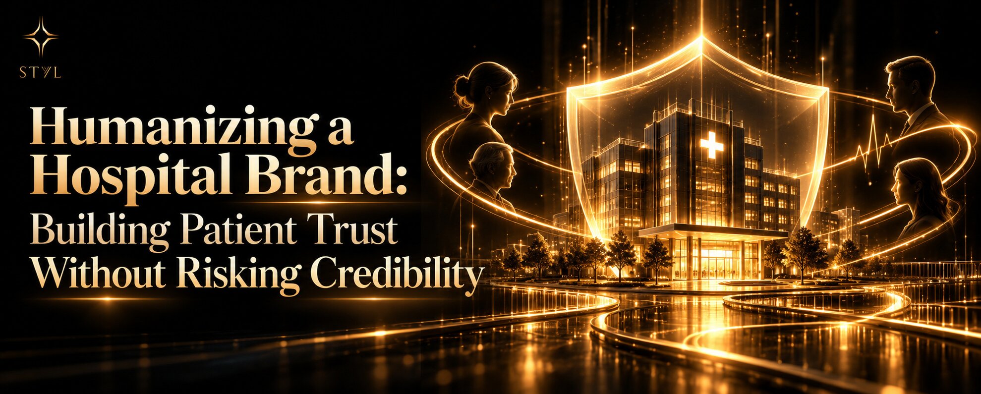Golden hospital surrounded by a protective shield and human silhouettes, symbolizing patient trust, compassionate care, and credibility in healthcare branding.