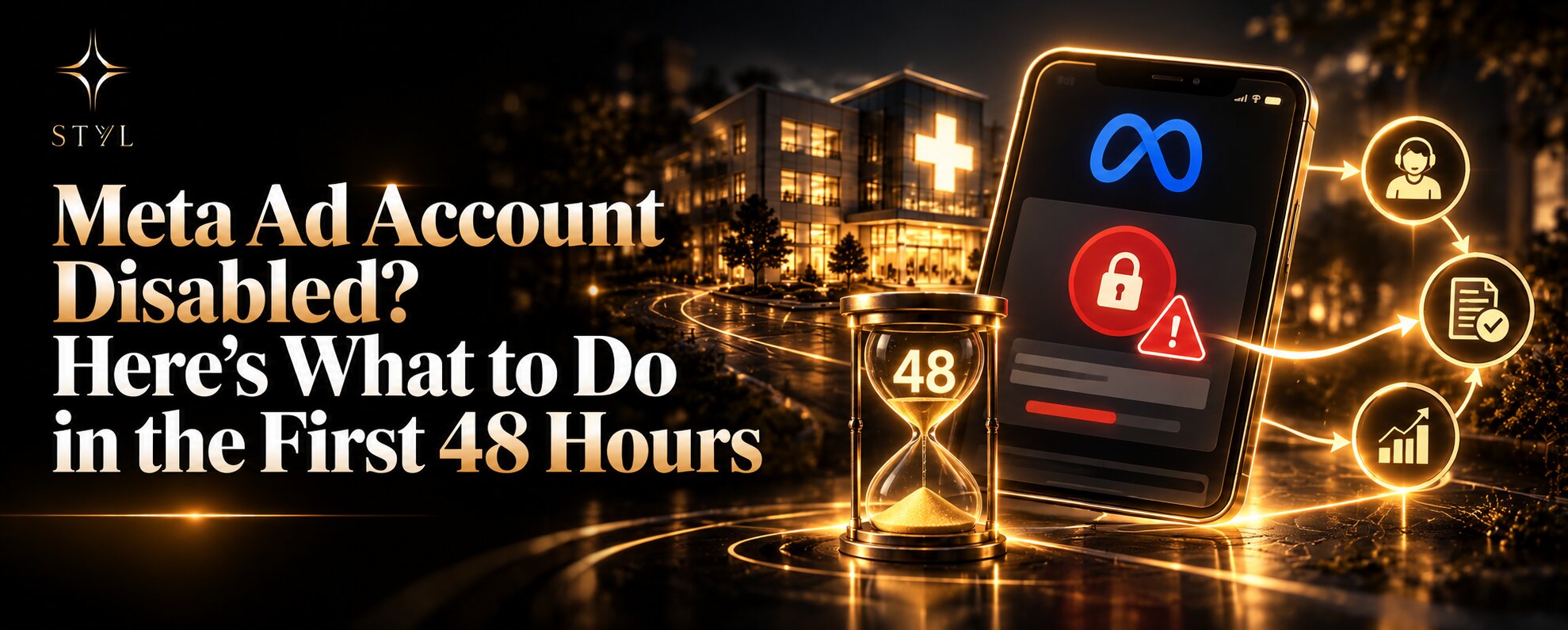 Premium black-and-gold STYL blog banner featuring a smartphone displaying a disabled Meta ad account with a red warning symbol, a glowing 48-hour hourglass, and recovery icons representing account review, support, and resolution, with a hospital in the ba