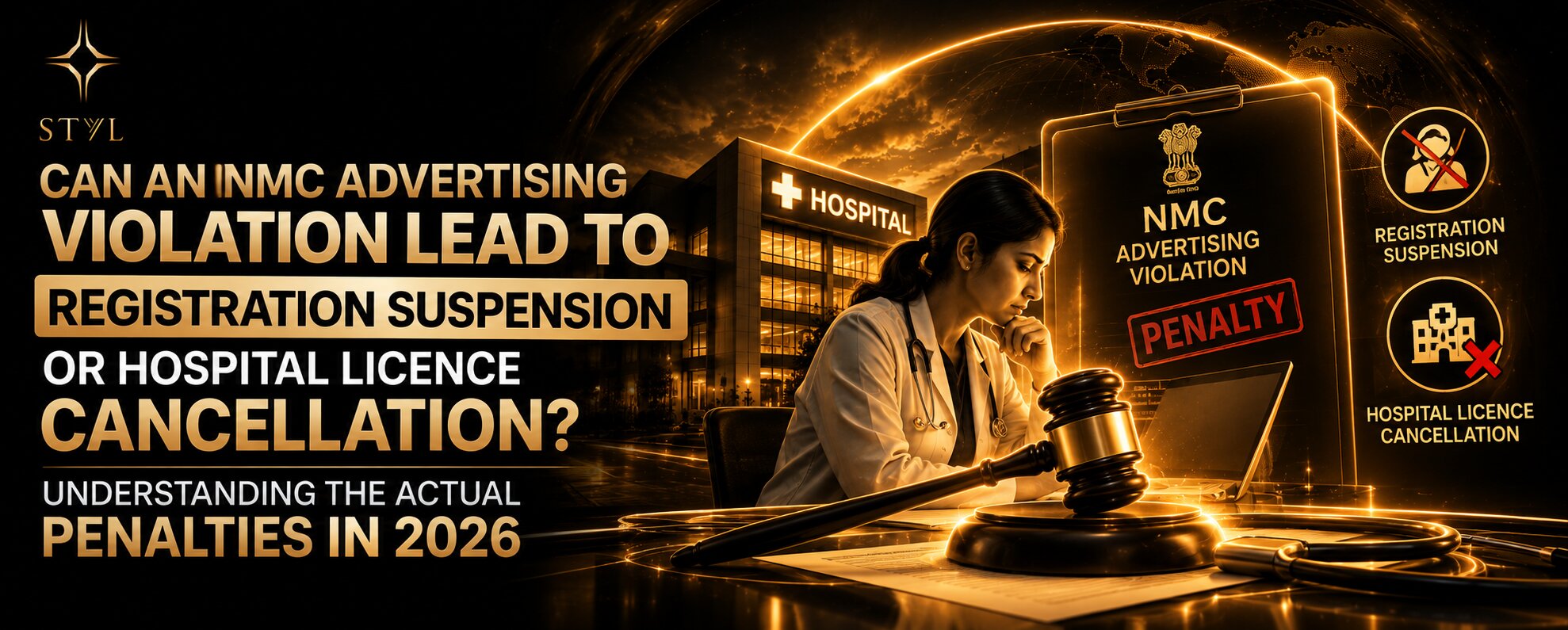 Hospital administrator and healthcare marketing professional reviewing a social media advertisement and compliance documents at a desk.