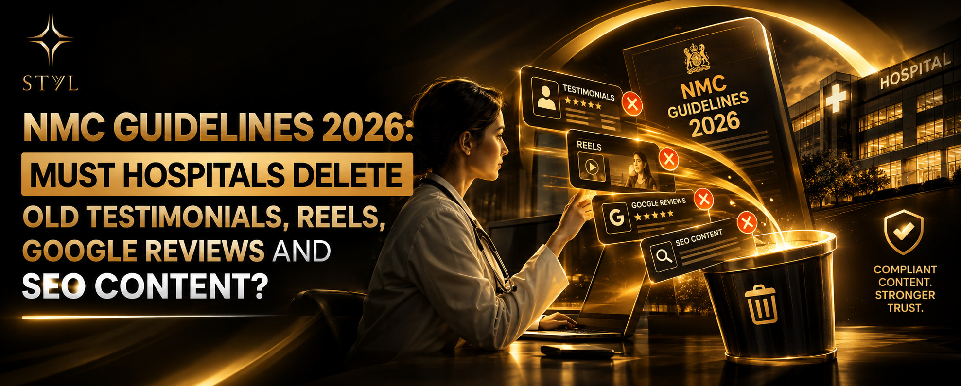 STYL black and gold banner illustrating NMC Guidelines 2026 and hospital digital marketing compliance, featuring a doctor reviewing patient testimonials, social media reels, Google reviews, and SEO content for potential removal.