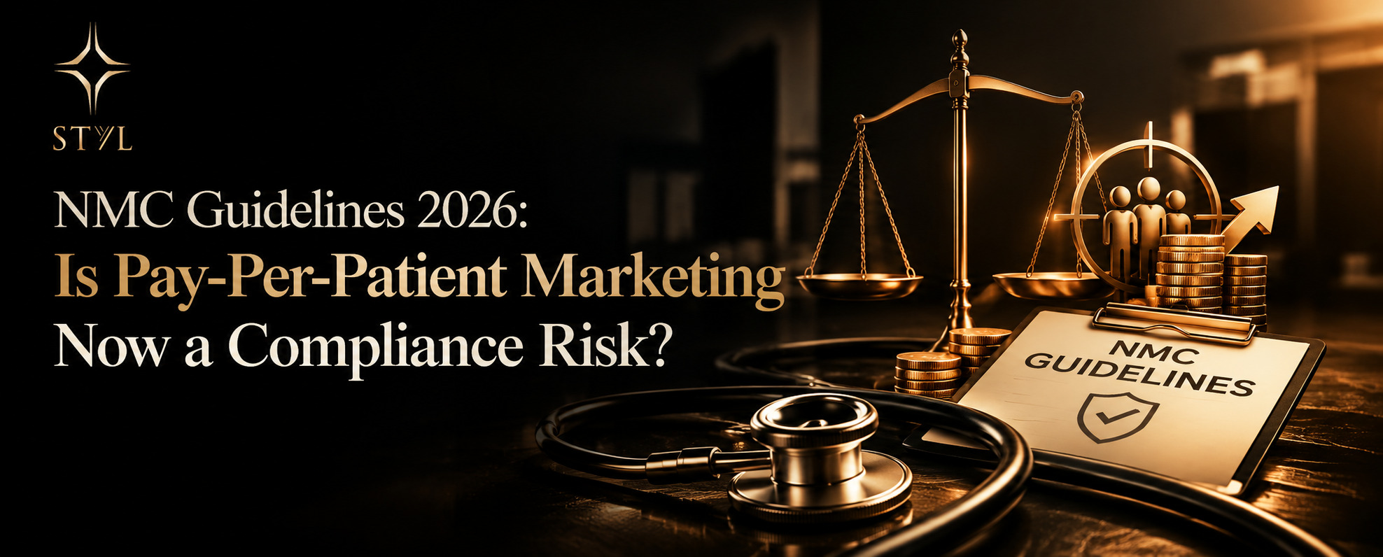 A premium healthcare compliance blog banner illustrating NMC Guidelines 2026 and pay-per-patient marketing risks, featuring a modern hospital, digital patient-lead generation visuals, and subtle medical compliance symbols in STYL’s signature black and gol