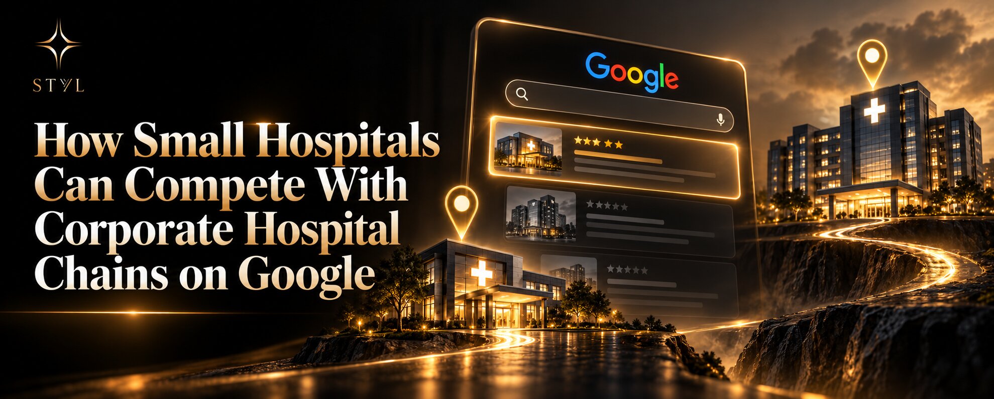 Small independent hospital competing with a large corporate hospital chain on Google Search, highlighting local SEO, search rankings, and digital marketing strategies in a premium gold-and-black design.