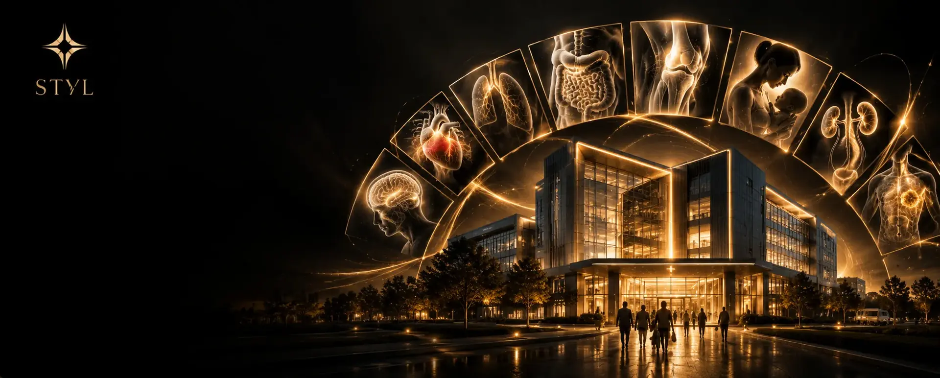 Multi-specialty hospital marketing banner in a premium black and gold theme, featuring a doctor, modern hospital building, and multiple medical specialties to represent healthcare digital marketing and patient trust.
